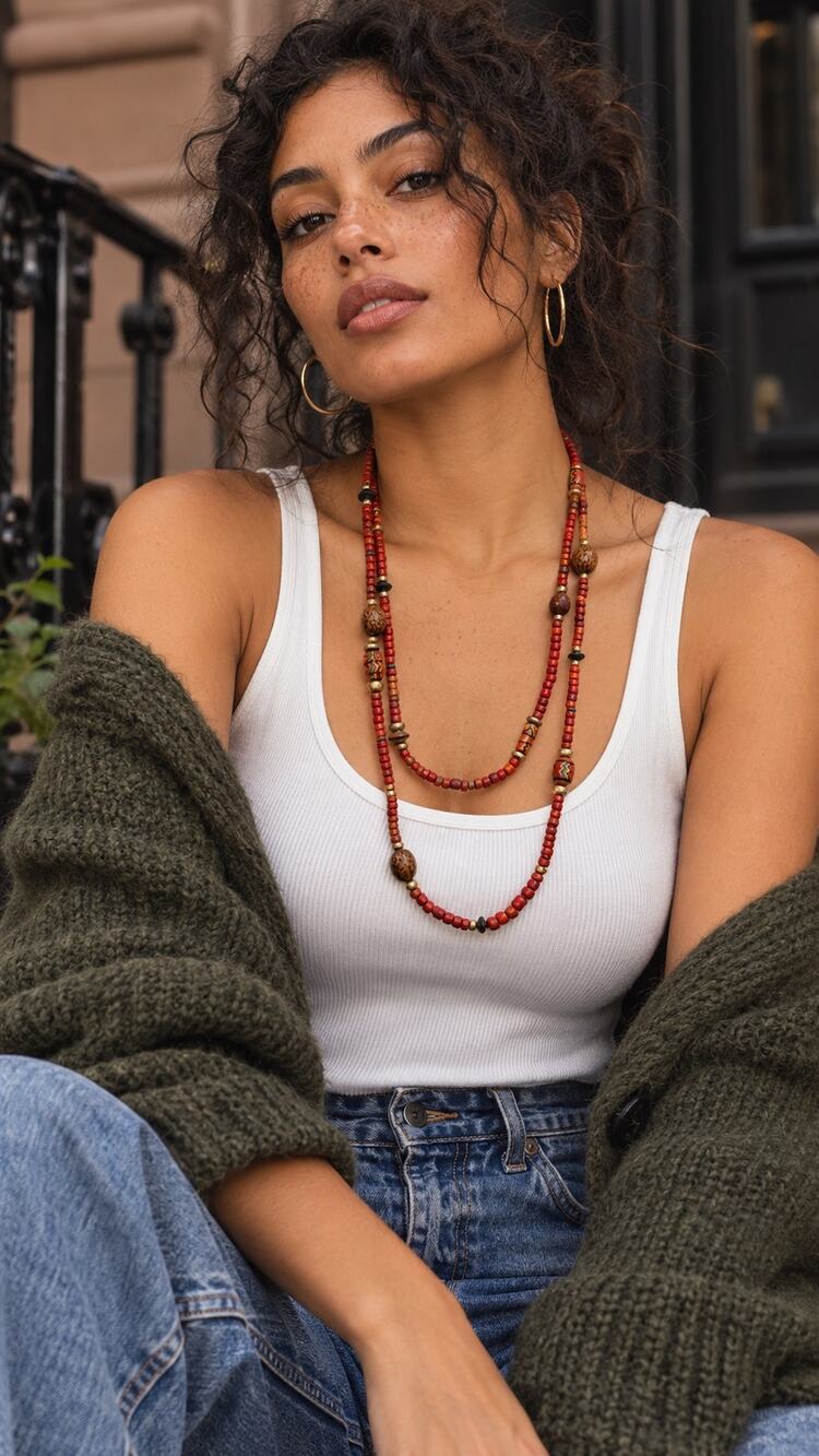 Long Red Beaded Artisan Necklace Tribal Boho Southwestern Statement Jewelry